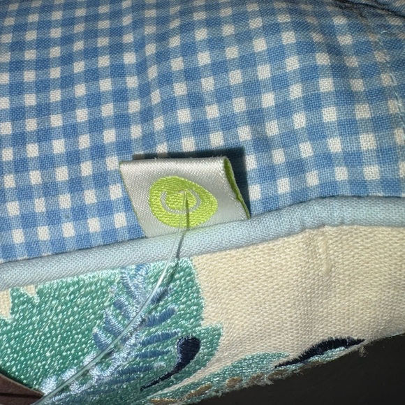 Creative Co-Op Cream Blue Embroidered Pillow with gingham detail on back - Picture 2 of 5